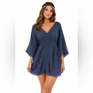 Y2K Cotton Natural Boho Tunic Top Crochet Lace Fairy Grunge  S Festival Beach